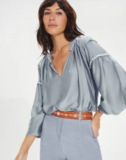 Cami Detail Long Sleeve Blouse - Blue Jeans -Women Clothing Sales CamiDetailLongSleeveBlouse detail 1