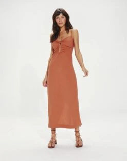 Daisy Detail Long Dress - Rust
